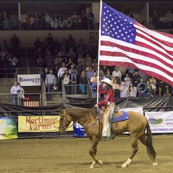 The rodeo queen is riding a brown horse and carrying an American flag.