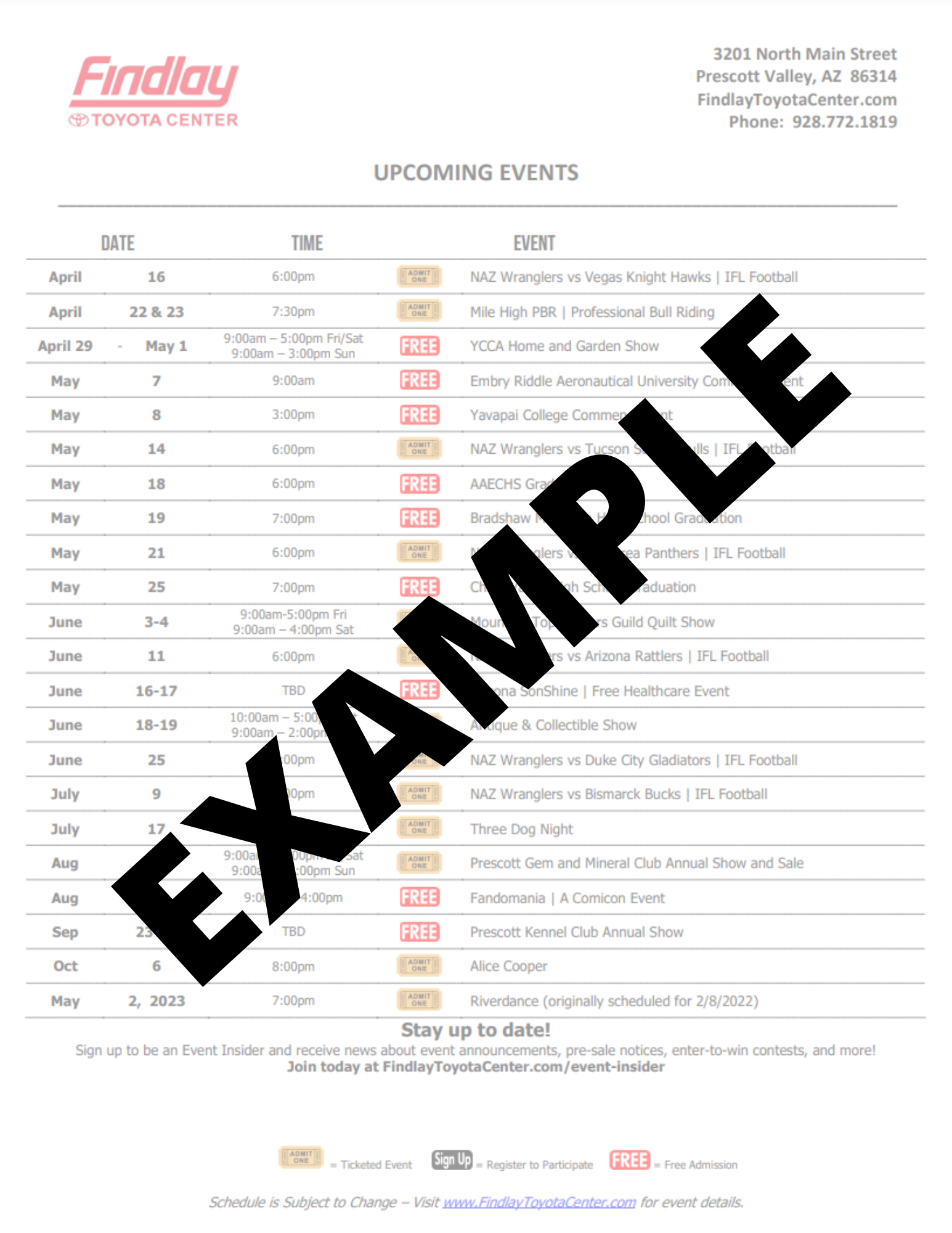Printable Calendar of Events Findlay Toyota Center